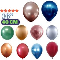 Balão Bexiga Metalizado Grande N16 com 10 un Cromado Cores 40 cm Alumínio Redondo Latex Rose Gold Várias Platino Número