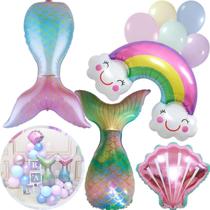 Balão Cauda De Sereia 85cm, Balão Concha Rosa 70cm, Balão Nuvem Arco Íris, Balão Metalizado Cauda Sereia, Festa Sereia