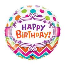 Balão de Festa 18" Redondo - Happy Birhtday listras e pontos - 01 Unidade - Qualatex - Rizzo Balões