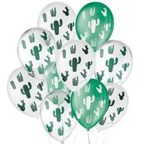 Balão de Festa Decorado Cacto - Branco Verde e Cristal Sortido 9" 23cm - 25 Unidades - São Roque