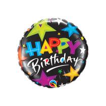 Balão de Festa Microfoil 18" 46cm - Redondo Happy Birthday Estrelas com Preto - 1 unidade - Qualatex Outlet - Rizzo