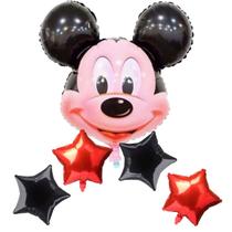 Balão Metalizado Cabeça De Mickey de 60Cm + 4 Balões Metalizados Estrela Vermelho e Preto de 45 Cm