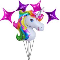Balão Metalizado Cabeça de Unicórnio Colorido 3D 100cm + 4 Estrelas 25cm Pink e Roxo Festa Infantil Tema Mágico