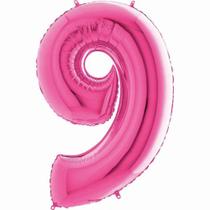 Balão Metalizado Pink número 9 Rosa choque para festas e eventos 101 cm unidade
