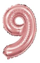 Balão Metalizado Rosé 16 Polegadas 40cm Número 9 - SacolasBR