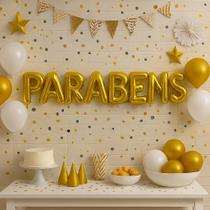Balão Parabéns Metalizado 16" 40cm na cor Prata ou Dourado