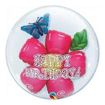Balão Qualatex 24" - Bubble Duplo - Happy Birthday!-Flor - 1 Un
