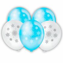 Balão Redondo Flocos de Neve Azul Claro e Branco 8" 20 Unid.