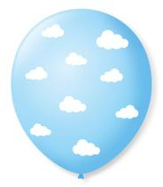 Balão São Roque N9 C/25un Decorado Nuvenzinha Azul Baby Com Branco