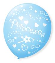Balão São Roque N9 C/25un Decorado Princesas Azul Baby Com Branco