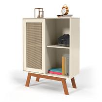 Balcao Alto Aparador Buffet com Porta de Correr Rattan pés em Madeira Off White