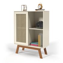 Balcão Alto Aparador Buffet com Porta de Correr Rattan pés em Madeira Off White