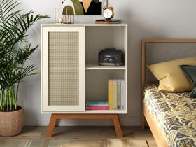 Balcao Alto Aparador Buffet Com Porta De Correr Rattan Pés Em Madeira Off White