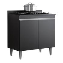 Balcão Armário Cooktop 80 cm 2 Portas Com Tampo Ellen Preto