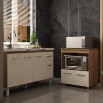 Balcão Armário Cozinha Gabinete de Pia 140 cm Camila e Balcão Amanda Parana Microondas e Forno Elétrico Savana Off White