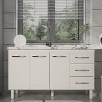 Balcão Armário Cozinha Gabinete Pia de 140 cm Carine com 3 Portas e 3 Gavetas Branco
