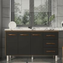 Balcão Armário Cozinha Gabinete Pia de 140 cm Carine com 3 Portas e 3 Gavetas Savana Preto