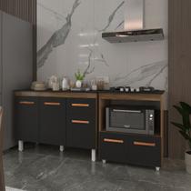Balcão Armário Gabinete Aline 118 cm Savana Preto com Tampo Preto e Balcão Evelyn para Cooktop 4 Bocas Savana Preto