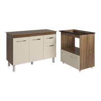 Balcão Armário Gabinete Aline 118Cm Com Tampo E Balcão Evelyn Cooktop 5 Bocas Savana Off White