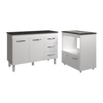 Balcão Armário Gabinete Bruna 118 Cm Branco Com Tampo Preto E Balcão Evelyn Para Cooktop 4 Bocas Branco
