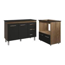 Balcão Armário Gabinete Bruna 118 Cm Preto Com Tampo Preto E Balcão Evelyn Para Cooktop 5 Bocas Preto