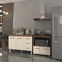 Balcão Armário Gabinete Bruna 118 cm Savana Off White com Tampo Savana e Balcão Evelyn Cooktop 4 Bocas Savana Off White