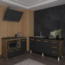 Balcão Armário Gabinete de Pia 150 cm Deise e Balcão Alana Para Fogão Cooktop 5 Bocas e Forno Elétrico Savana Preto Balcão Armário Gabinete de Pia 150 cm Deise e Balcão Alana Para Fogão Cooktop 5 Bocas e Forno Elétrico Savana Preto