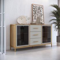 Balcão Buffet 150cm com 2 Portas de Vidro e 3 Gavetas Duo Marrom/Oak/Arena/Preto Balcão Buffet 150cm com 2 Portas de Vidro e 3 Gavetas Duo Marrom/Oak/Arena/Preto