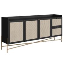 Balcão Buffet 3 Portas Oslo Artesano 183 cm (largura) MDP Nero Palha Sintética Bege Pé Metal Dourado