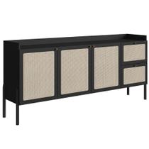 Balcão Buffet 3 Portas Oslo Artesano 183cm (largura) MDP Nero Palha Sintética Bege Pé Madeira Maciça