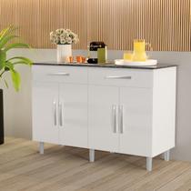 BALCÃO BUFFET MAD. ALTO 4 PORTAS + 2 GAVETAS MODERNO COR BRANCO BRILHO COM MARMORIZADO GRANDE 1.26m