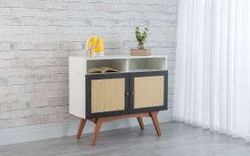 Balcão Buffet Pés Jatobá Mdf Branco 2 Portas Com Nichos Mdf Preto E Palhinha Retrô Dolores (90X35X79Cm)