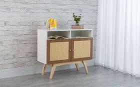 Balcão Buffet Pés Taeda Mdf Branco 2 Portas Com Nichos Mdf Freijó E Palhinha Retrô Dolores (90X35X79Cm)