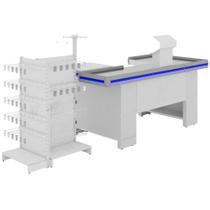 Balcão Checkout 1,50M Bilateral + Check Stand Premium 1,10x0,84x0,56 Branco Perfil Azul Amapá Balcão Checkout 1,50M Bilateral + Check Stand Premium 1,10x0,84x0,56 Branco Perfil Azul Amapá