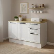 Balcão com Tampo e Rodapé Cozinha 2 Portas e 3 Gavetas e Divisor de Talheres 120cm TM4300 MDF Grazi Branco/Carvalho Tropical
