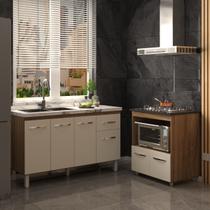 Balcão Cozinha Gabinete de Pia 140 cm Camila e Balcão Evelyn Para Fogão Cooktop 5 Bocas e Forno Elétrico Savana Off White