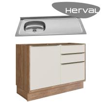 Balcão Cozinha Modular Édez Uno, 1 Portas e 3 Gavetas e Chapa de Pia Ghel, Inox, 120 cm