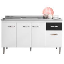 Balcão de Cozinha 4 Portas Gabriela 150 cm Branco e Preto Flex 1054 Com Tampo MDP AJL Móveis