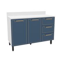 Balcão de Cozinha Amara 120 Cm 2 Portas 3 Gavetas Branco/Azul - Politorno