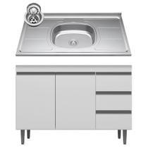 Balcão de Cozinha Com Pia Inox 100cm 3 Gavetas Andréia Branco - AJL Móveis