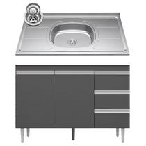 Balcão de Cozinha Com Pia Inox 100cm 3 Gavetas Andréia Cinza - AJL Móveis