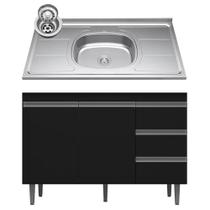 Balcão de Cozinha Com Pia Inox 100cm 3 Gavetas Andréia Preto - AJL Móveis