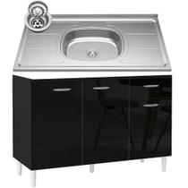 Balcão de Cozinha com Pia Inox 120cm 3 Portas Classic P11 Preto - Mpozenato