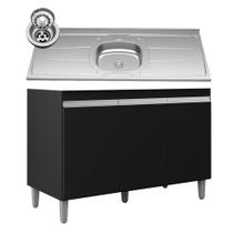 Balcão de Cozinha Com Pia Inox 120cm 3 Portas Manu Preto - AJL Móveis