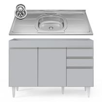 Balcão de Cozinha com Pia Inox 120cm 3 Portas Michigan Cinza Claro - Lumil