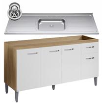 Balcão de Cozinha com Pia Inox 150cm Gabriela Amêndoa/Branco - AJL Móveis