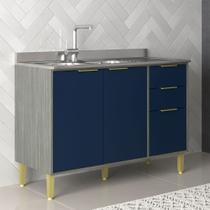 Balcão de Cozinha para Pia 120 Cm Domus 2 Portas 3 Gavetas Silver/Royal - Hecol Móveis Balcão de Cozinha para Pia 120 Cm Domus 2 Portas 3 Gavetas Silver/Royal - Hecol Móveis