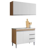 Balcão de Pia 100cm e Armário Aéreo Andréia 3 Portas Amêndoa Branco - AJL Balcão de Pia 100cm e Armário Aéreo Andréia 3 Portas Amêndoa Branco - AJL