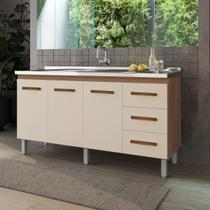 Balcão de Pia 150 Cm Diana Cozinha Gabinete Armário 3 Portas 3 Gavetas Savana Off White Moblis