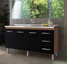 Balcão de Pia 150m Diana Sem Cuba/Tampo com 3 Portas 3 Gavetas - Savana/Preto Móblis Balcão de Pia 150m Diana Sem Cuba/Tampo com 3 Portas 3 Gavetas - Savana/Preto Móblis